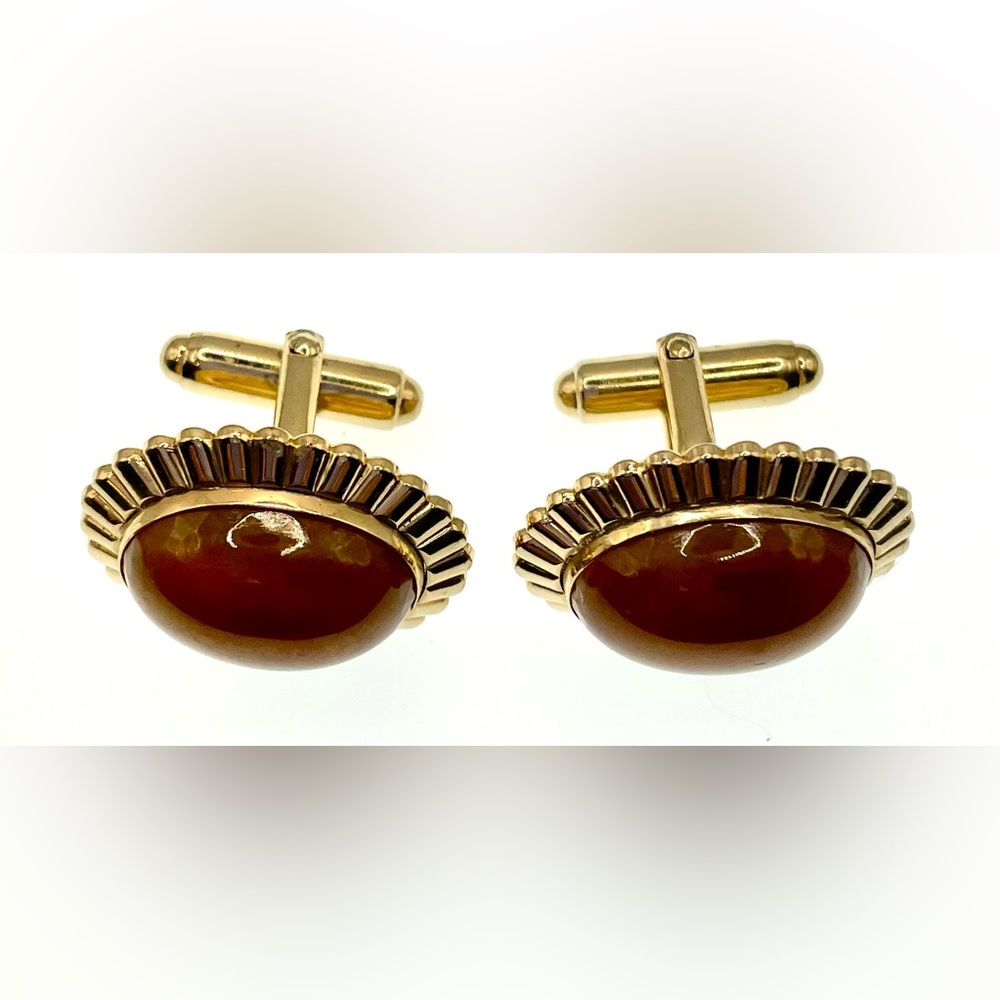 Vintage Gold Tone Amber Colored Lucite Oval Cabochon Center Cufflinks